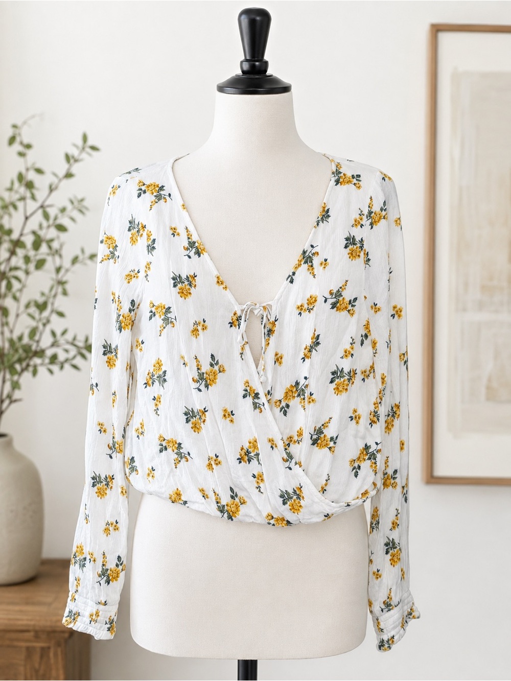 Hollister White Wrap Blouse with Yellow Floral Print